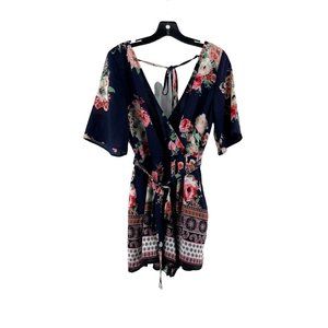 Women's Navy Blue Shorts Romper Paisley Roses Floral Lined w/ Belt Size Medium